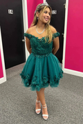Off-the-Shoulder Emerald Appliques A-Line Homecoming Dress Y2085 by simplepromdress
