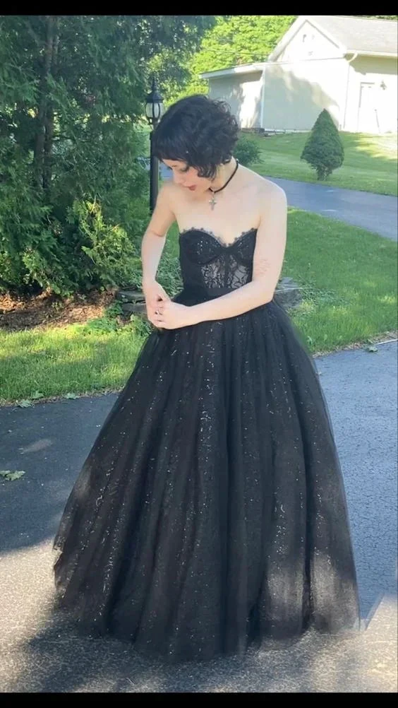 Glitter Black Sweetheart A-line Prom Dress Black Evening Gown Y7356 by simplepromdress