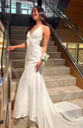 Elegant Spaghetti Straps V Neck Long Prom Dress White Mermaid Evening Gown Wedding Dress Y7957 by simplepromdress
