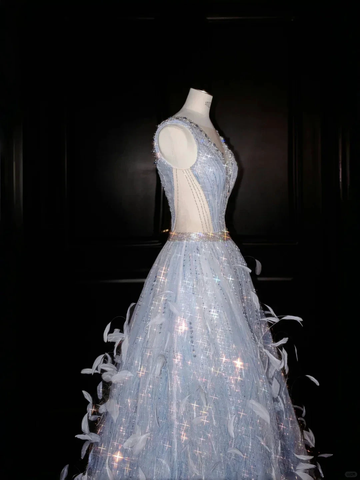 Glamorous V Neck Tulle Beaded Feathers A Line Prom Dress Evening Dress Y8682 by simplepromdress