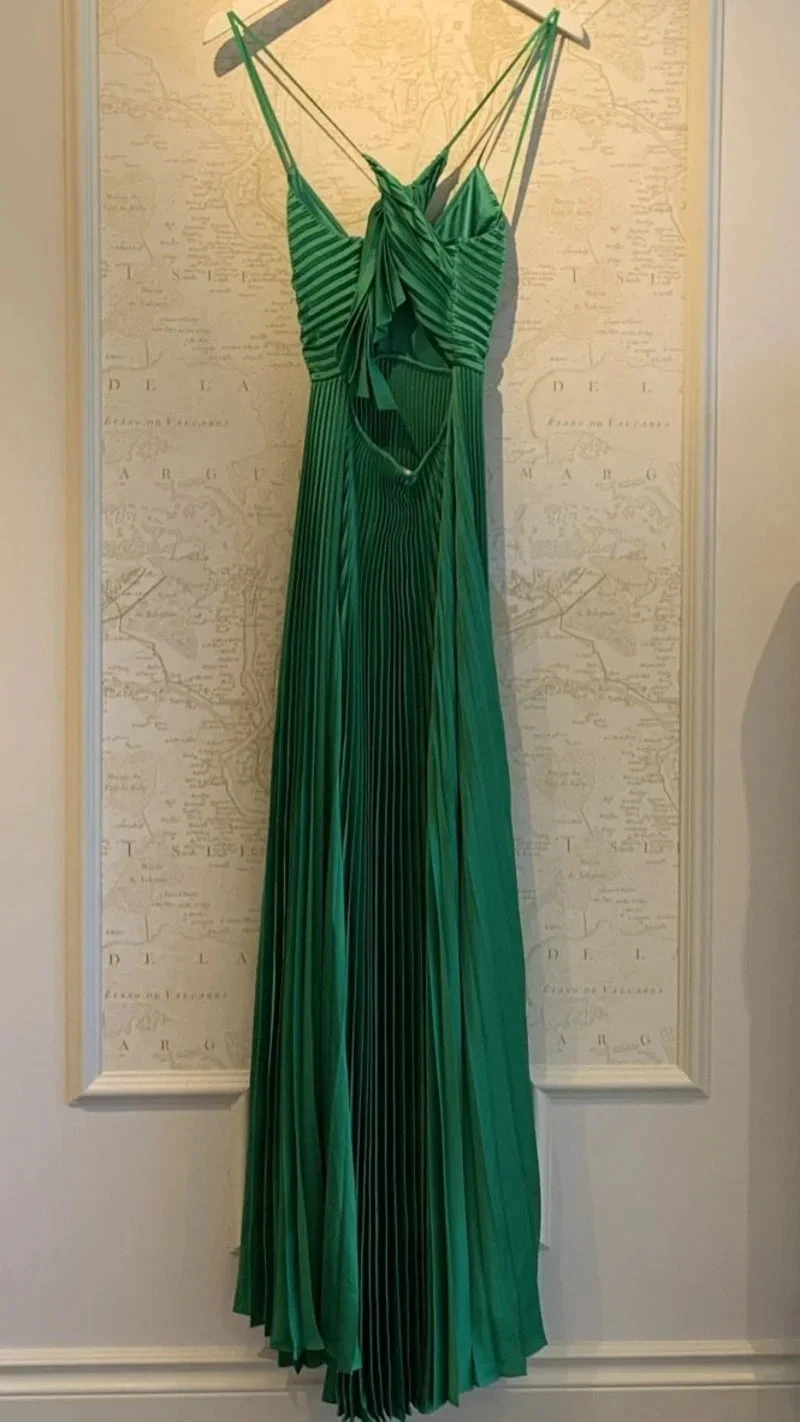 Green Long Pleated Tie Back Evening Dress Y4000 by simplepromdress