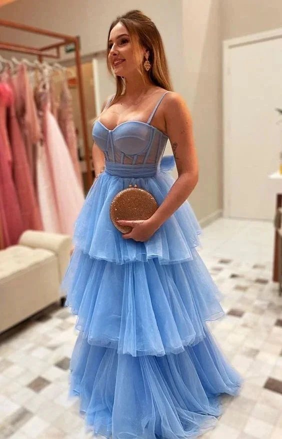 A-line Spaghetti Straps Blue Tulle Layered Prom Dress Blue Graduation Dress Charming Evening Dress Y453 by simplepromdress
