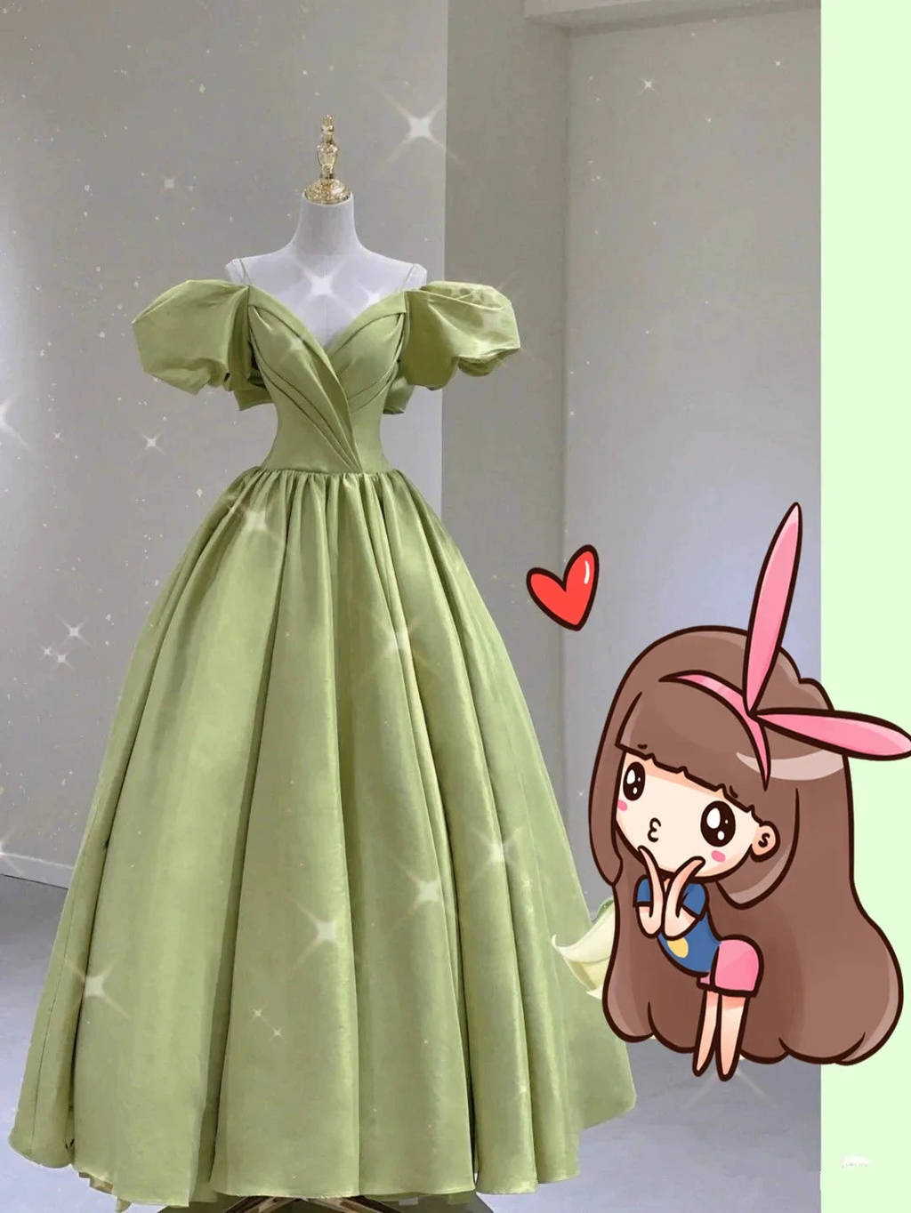 Green Satin Long Prom Dress With Puff Sleeves,Green Evening Dress ,Y2458 by simplepromdress