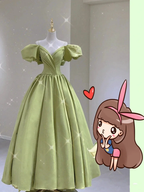 Green Satin Long Prom Dress With Puff Sleeves,Green Evening Dress ,Y2458 by simplepromdress