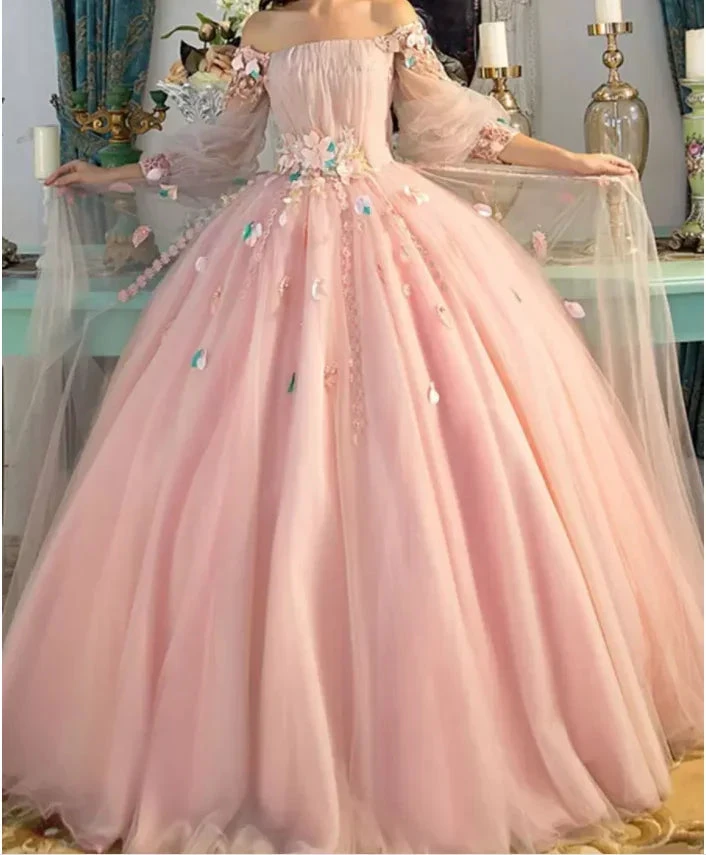 Long Sleeve Prom Dresses, Pearl Pink Ball Gown Long Floral Fairy Prom Dress S24387 by simplepromdress