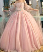 Long Sleeve Prom Dresses, Pearl Pink Ball Gown Long Floral Fairy Prom Dress S24387 by simplepromdress