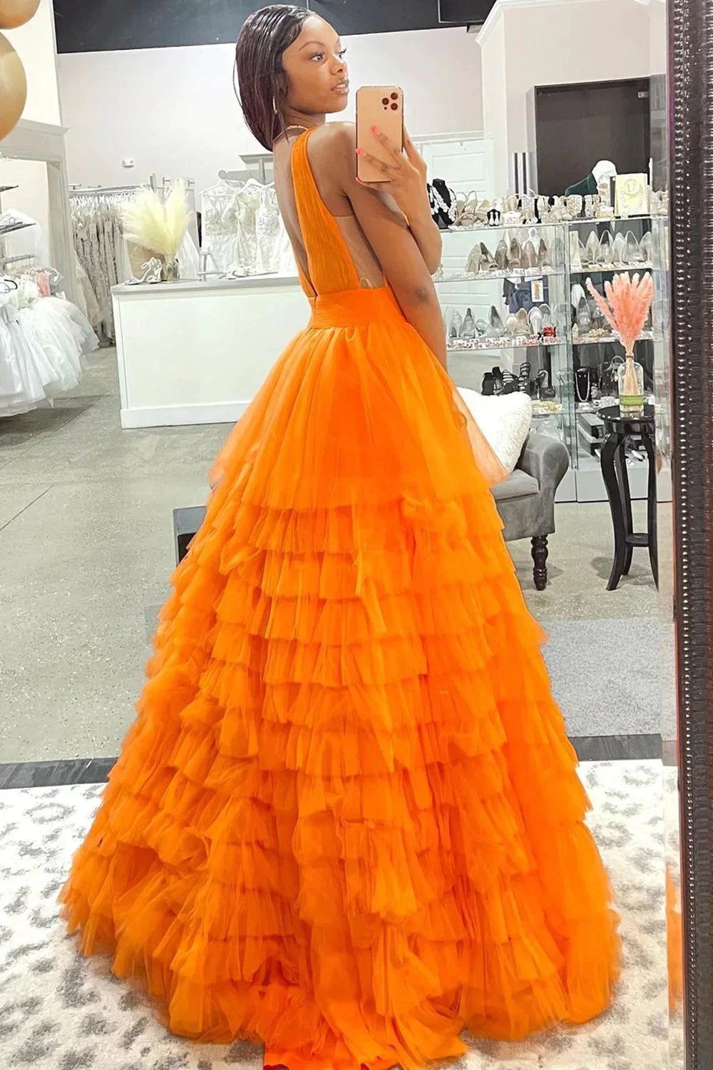 Reese |A-line Orange V-Neck Tulle Long Prom Dress by KissProm