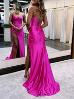 Hot Pink Spaghetti Straps Satin Mermaid Prom Dress with Slit by KissProm