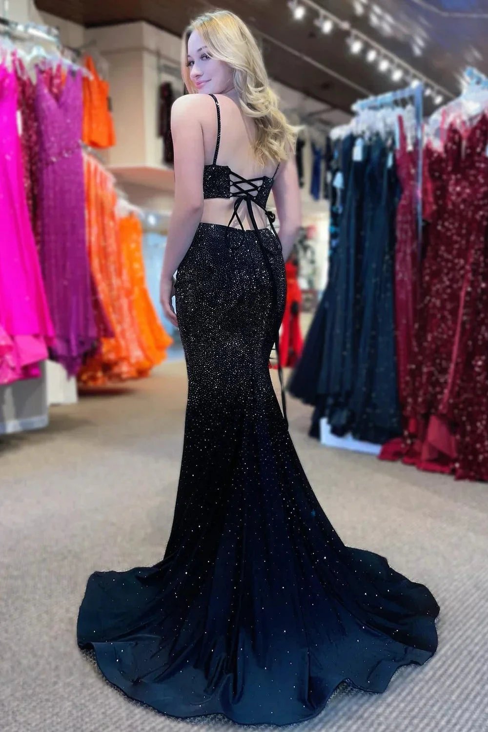 Emelia |Mermaid Spaghettti Strap Beaded Satin Prom Dress with Slit by KissProm