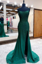 Emelia |Mermaid Spaghettti Strap Beaded Satin Prom Dress with Slit by KissProm
