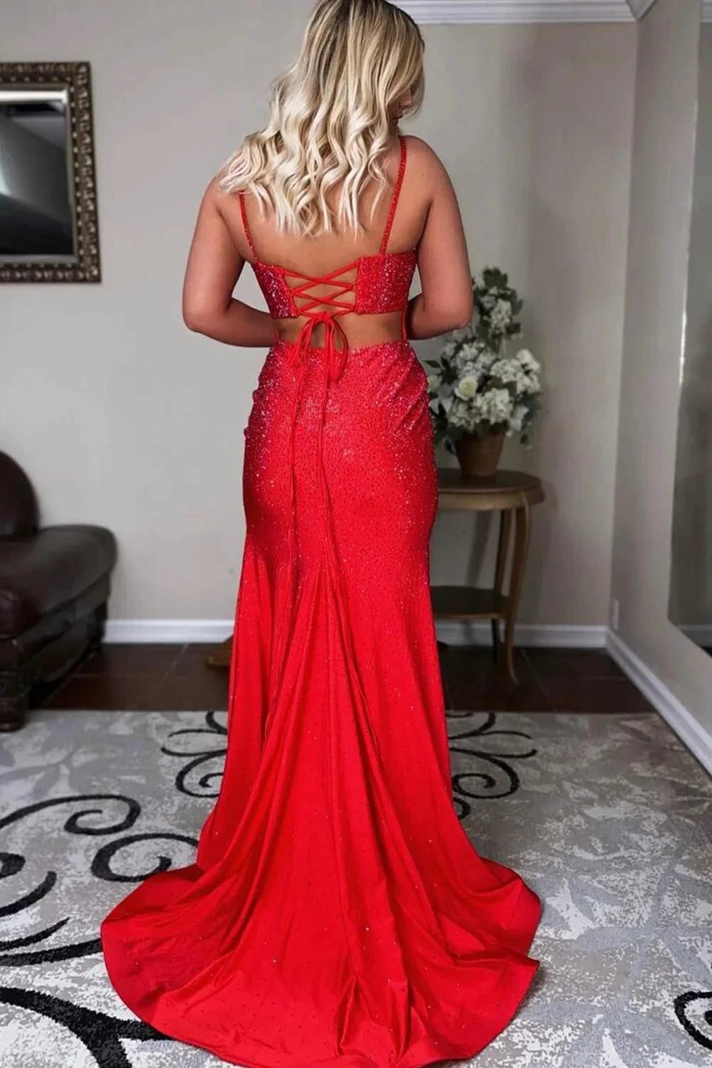 Emelia |Mermaid Spaghettti Strap Beaded Satin Prom Dress with Slit by KissProm