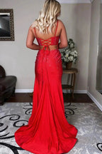 Emelia |Mermaid Spaghettti Strap Beaded Satin Prom Dress with Slit by KissProm