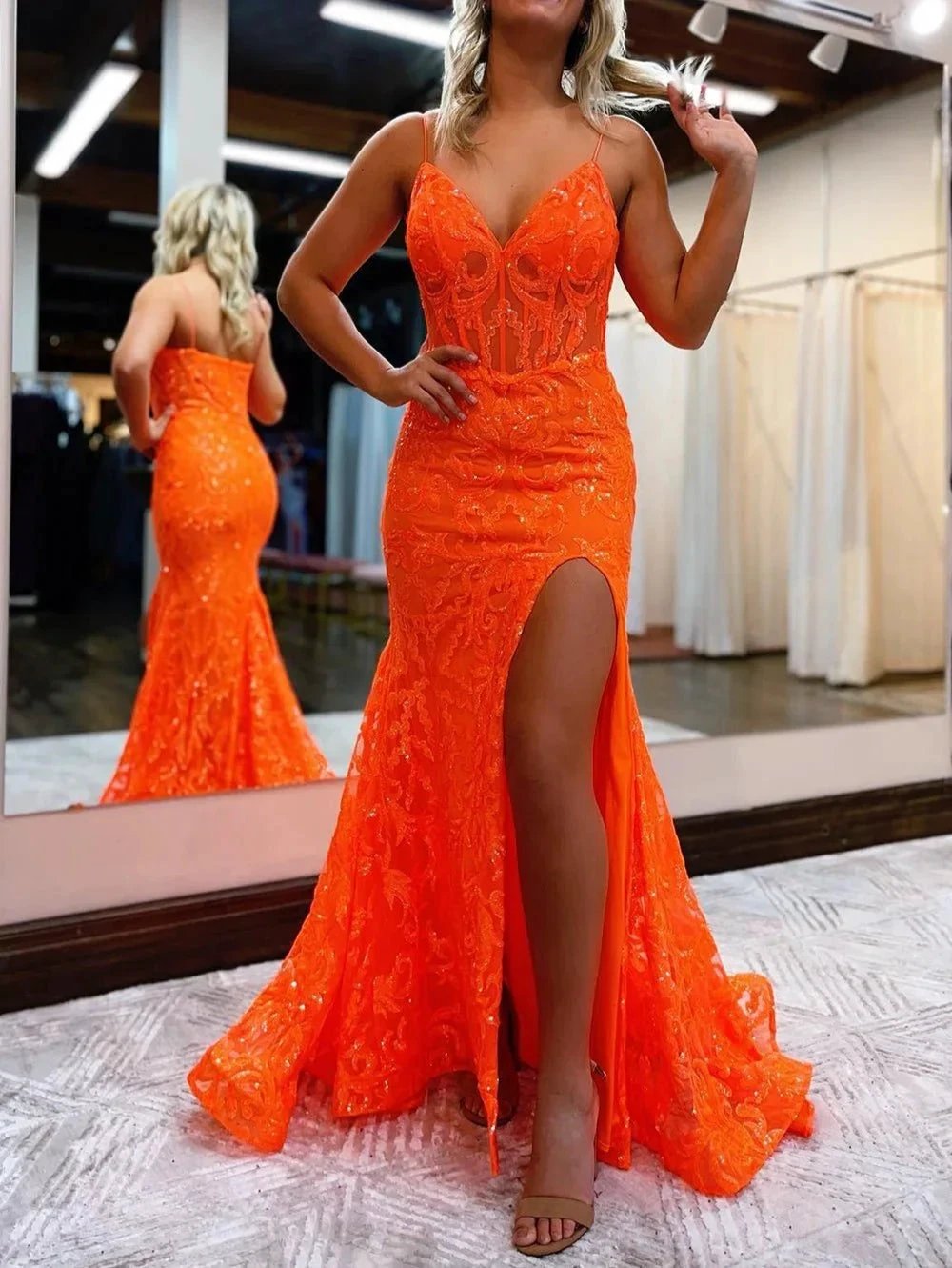 Lakelynn |Mermaid Spaghetti Straps Sequined Lace Prom Dress by KissProm