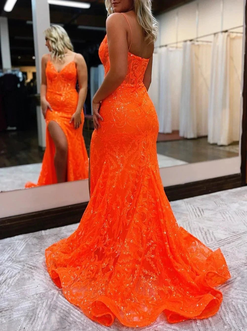 Lakelynn |Mermaid Spaghetti Straps Sequined Lace Prom Dress by KissProm
