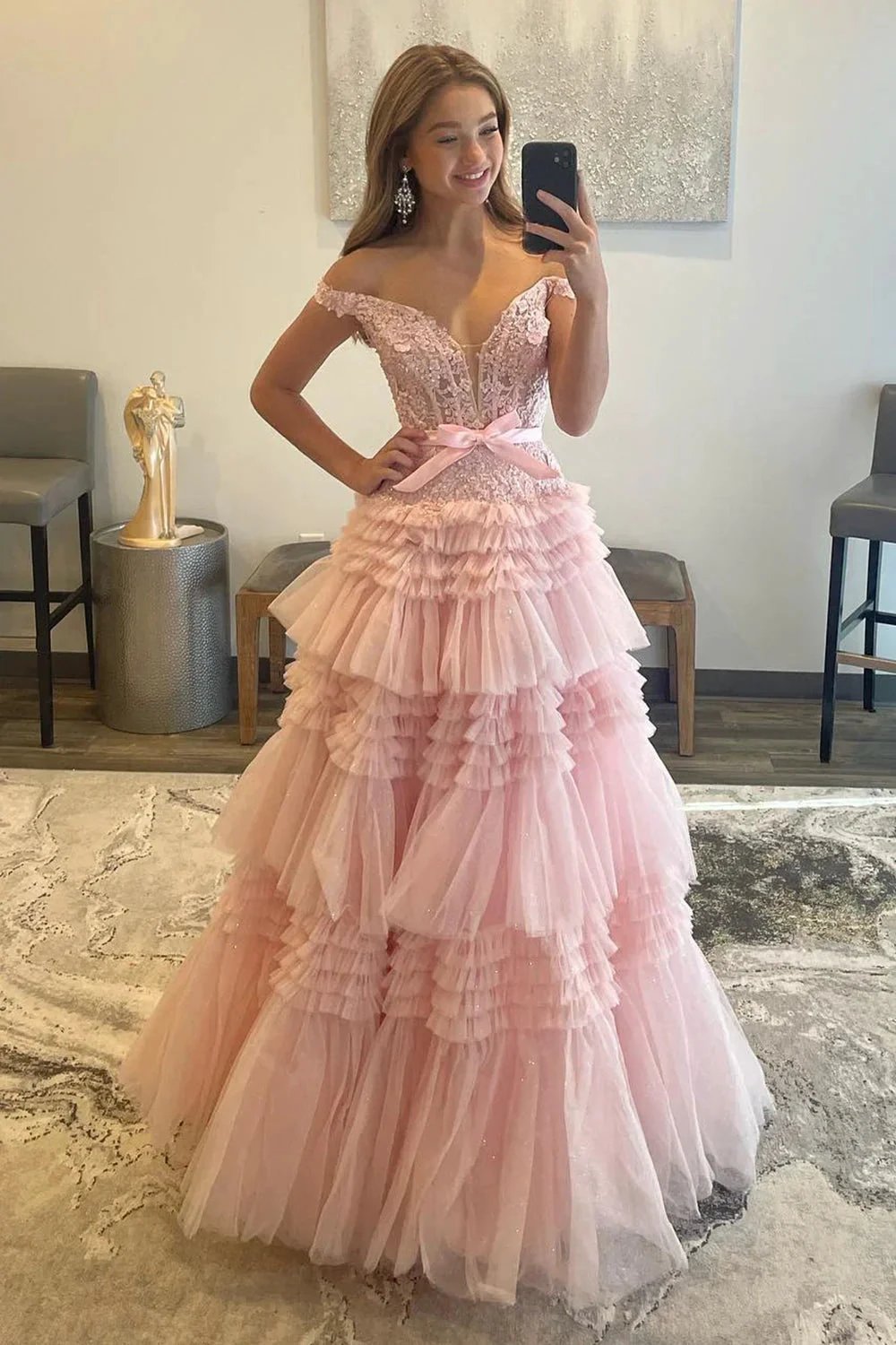Princess A Line Off the Shoulder Light Pink Long Prom Dress with Ruffles by KissProm