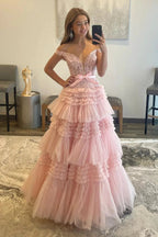 Princess A Line Off the Shoulder Light Pink Long Prom Dress with Ruffles by KissProm