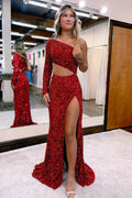 Sheath One Shoulder Red Sequins Long Prom Dress with Silt by KissProm