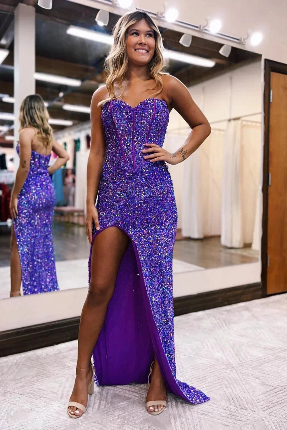 Royalty |Sheath Sweetheart Sequins Prom Dress with Slit by KissProm