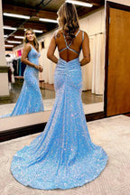 Maddison |Sparkly Blue Mermaid Sequins Long Backless Prom Dress by KissProm