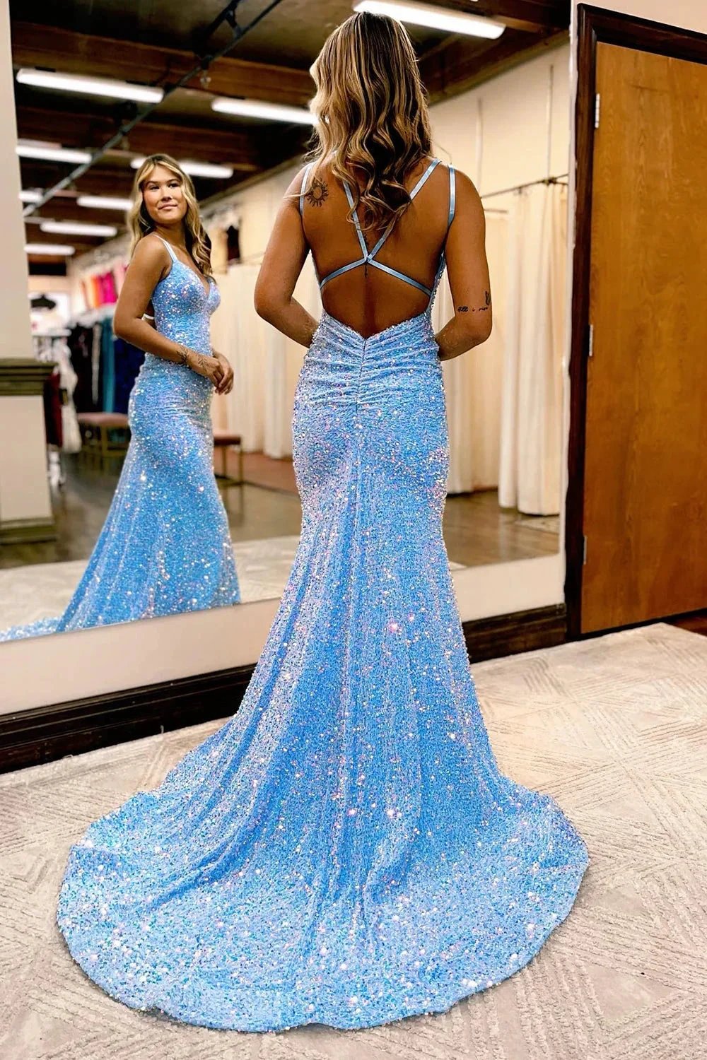 Maddison |Sparkly Blue Mermaid Sequins Long Backless Prom Dress by KissProm