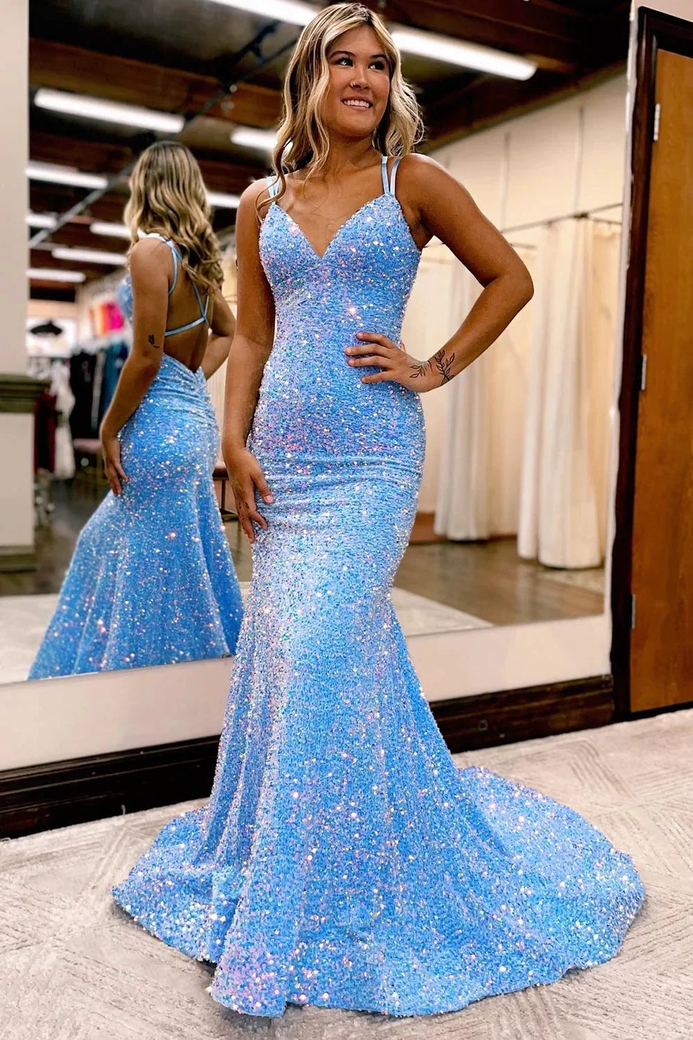 Maddison |Sparkly Blue Mermaid Sequins Long Backless Prom Dress by KissProm