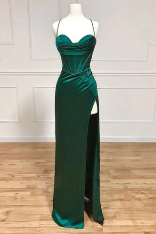 Lola | Vestido de fiesta de satén con corsé, tirantes finos y abertura