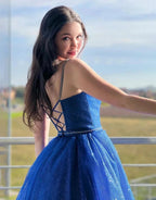 Tracy | Royal Blue Sparkly A Line Spaghetti Straps Long Prom Dress by KissProm