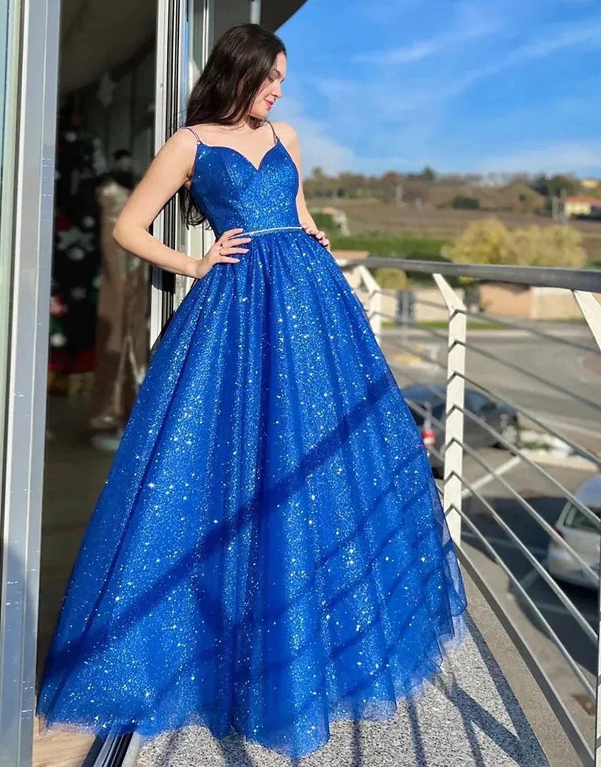 Tracy | Royal Blue Sparkly A Line Spaghetti Straps Long Prom Dress by KissProm