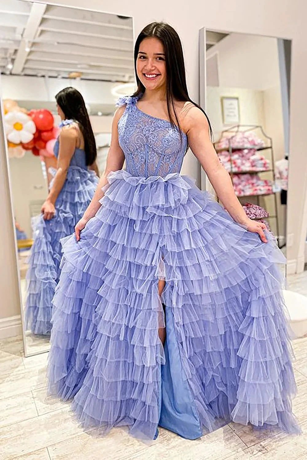 Kinsley | A Line One Shoulder Tiered Long Prom Dress by KissProm