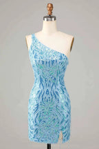 Blue Sheath One Shoulder Sequins Short Homecoming Dress by WEDTREND