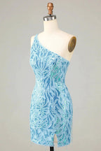 Blue Sheath One Shoulder Sequins Short Homecoming Dress by WEDTREND