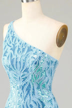 Blue Sheath One Shoulder Sequins Short Homecoming Dress by WEDTREND
