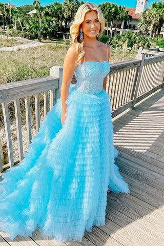 Caroline | Vestido de fiesta con volantes, corsé y tirantes finos en forma de A