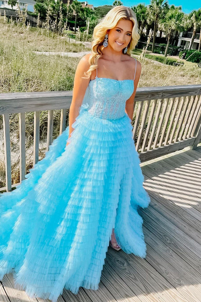 Caroline | A Line Spaghetti Straps Corset Ruffled Prom Dress Main Image