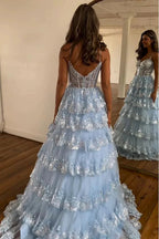 Maryam |A Line Spaghetti Straps Tiered Lace Prom Dress by KissProm