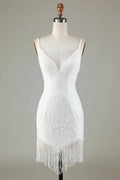 Sparkly White Lace-Up Back Beaded Short Homecoming Dress with Tassel by WEDTREND