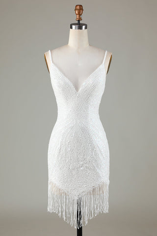 Sparkly White Lace-Up Back Beaded Short Homecoming Dress with Tassel