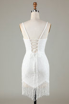 Sparkly White Lace-Up Back Beaded Short Homecoming Dress with Tassel