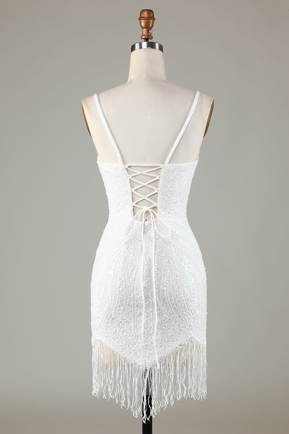 Sparkly White Lace-Up Back Beaded Short Homecoming Dress with Tassel