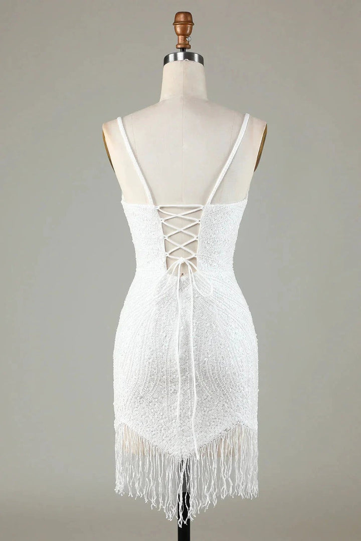 Sparkly White Lace-Up Back Beaded Short Homecoming Dress with Tassel by WEDTREND