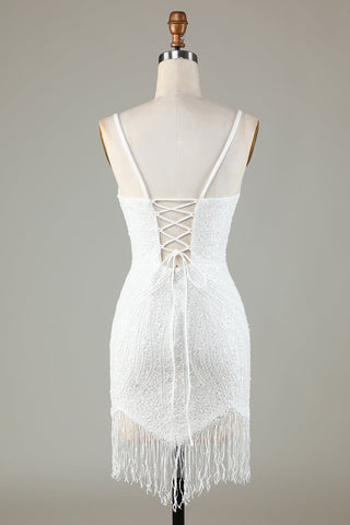 Sparkly White Lace-Up Back Beaded Short Homecoming Dress with Tassel