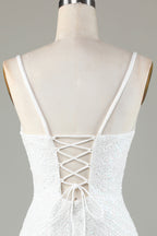 Sparkly White Lace-Up Back Beaded Short Homecoming Dress with Tassel