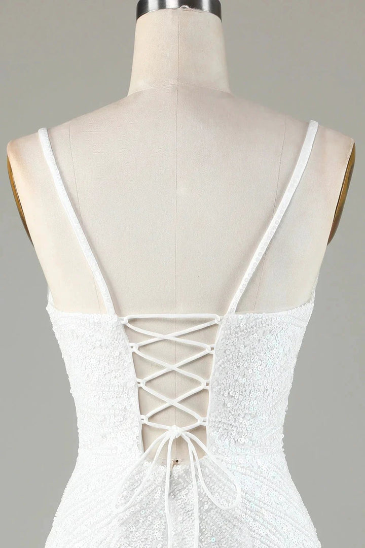 Sparkly White Lace-Up Back Beaded Short Homecoming Dress with Tassel by WEDTREND