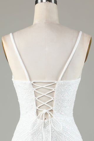 Sparkly White Lace-Up Back Beaded Short Homecoming Dress with Tassel