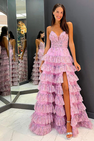 Lena | Vestido de fiesta de tul estampado con volantes y tirantes finos en línea A
