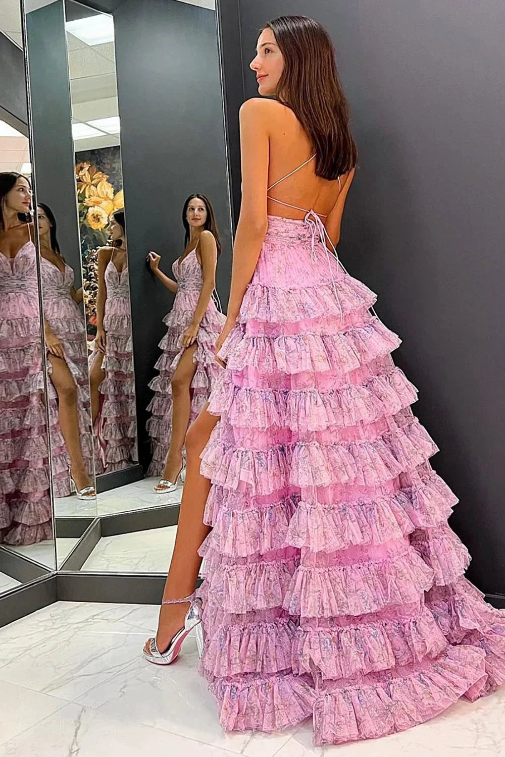 Lena |A Line Spaghetti Straps Printed Tulle Prom Dress with Ruffles by KissProm