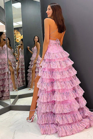 Lena | Vestido de fiesta de tul estampado con volantes y tirantes finos en línea A