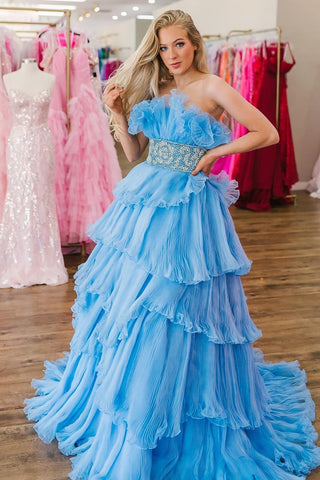 Peyton | Vestido de fiesta largo sin tirantes, corte A y volantes