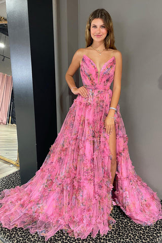 Izabella | Vestido de fiesta de tul con estampado floral, corte en A y escote corazón, con abertura