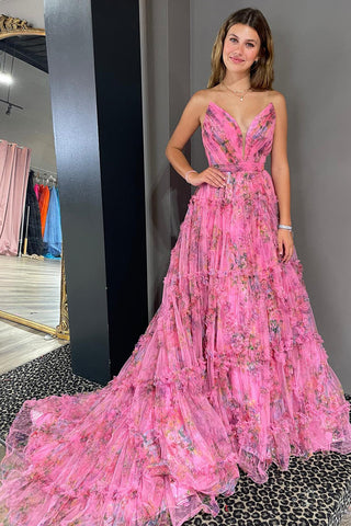 Izabella | Vestido de fiesta de tul con estampado floral, corte en A y escote corazón, con abertura
